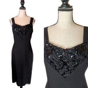 Vtg 1980s Lori Max II Black Beaded Sequin Wedding Cocktail Pencil Dress Sz M